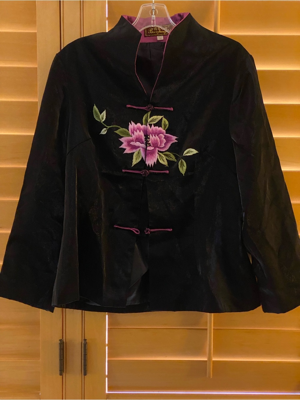 Vintage Satin Mandarin Collar Jacket Embroidered Peony Frog Closure